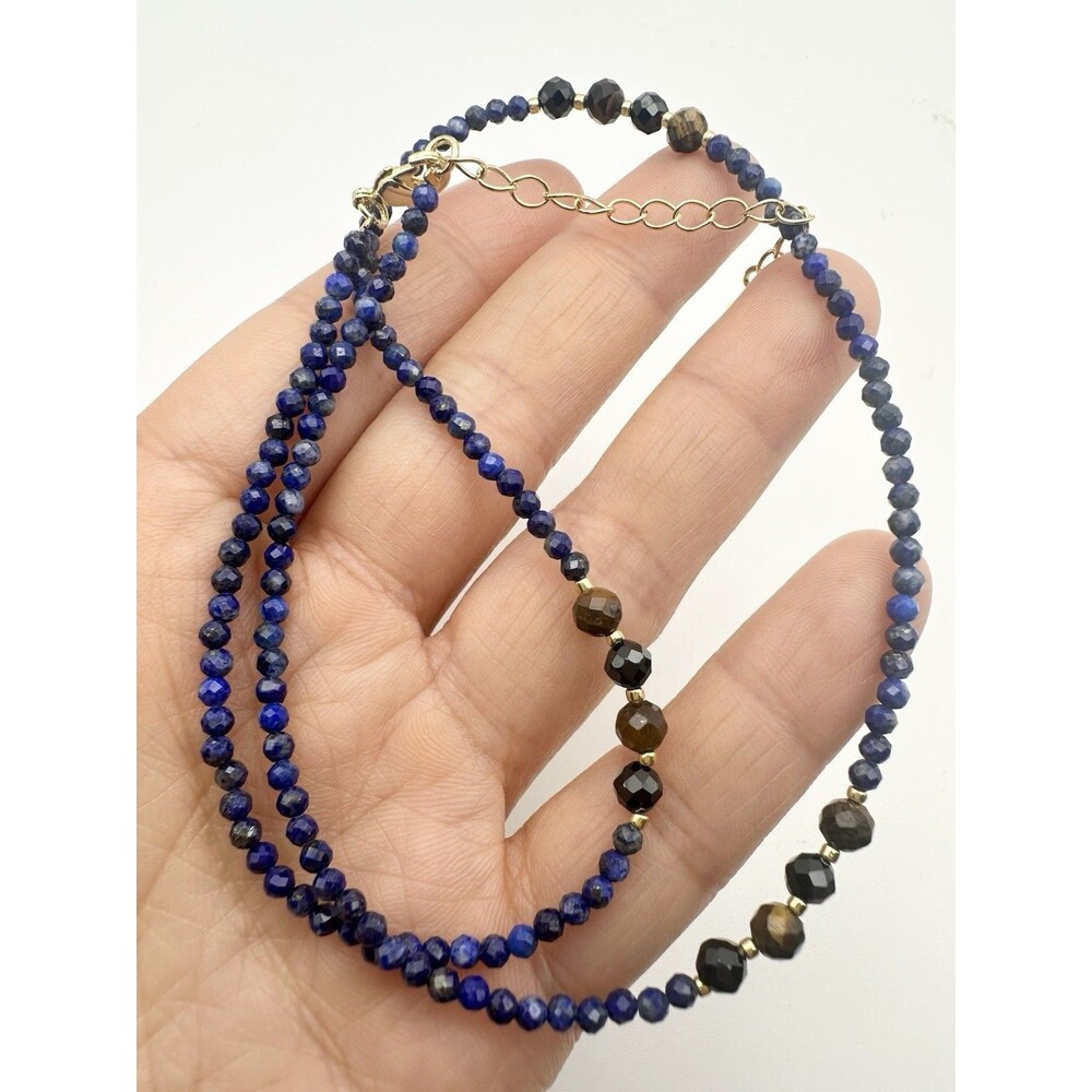 natural Faceted Lapis Lazuli Tiger’s Eye Beaded Necklace 18”
